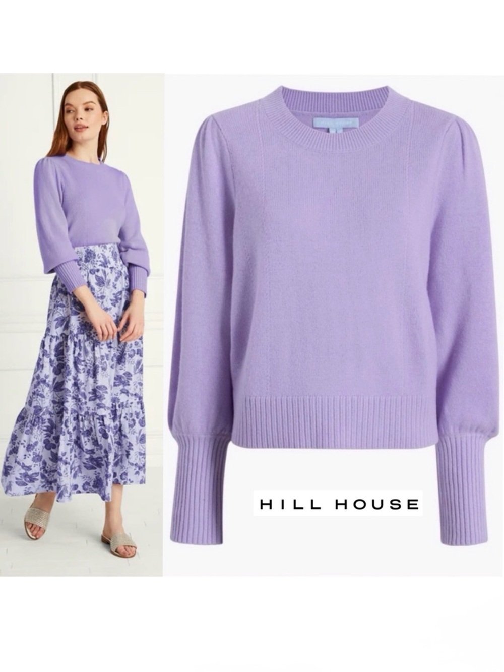 Hill House Home Sylvie Cropped Sweater Lilac Merino Wool Puff Sleeve S